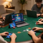 Engaging in an online poker game on vip99win, showcasing strategic betting and a cozy home atmosphere.