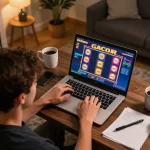 Engaging scene of a player enjoying slot gacor online with focused expression in a cozy home setting.