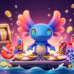 Engage with link slot gacor in a vibrant 3D illustration featuring a DJ axolotl, lucky slot reels, and dancing shrimp.