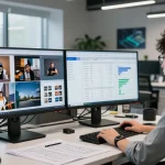 AI detector in action analyzing JPG and PNG images on dual screens in a modern lab.