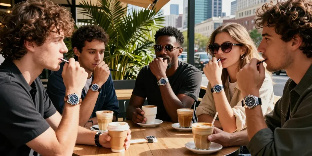 Stylish friends displaying super clone watches at an outdoor café, highlighting luxury and lifestyle.
