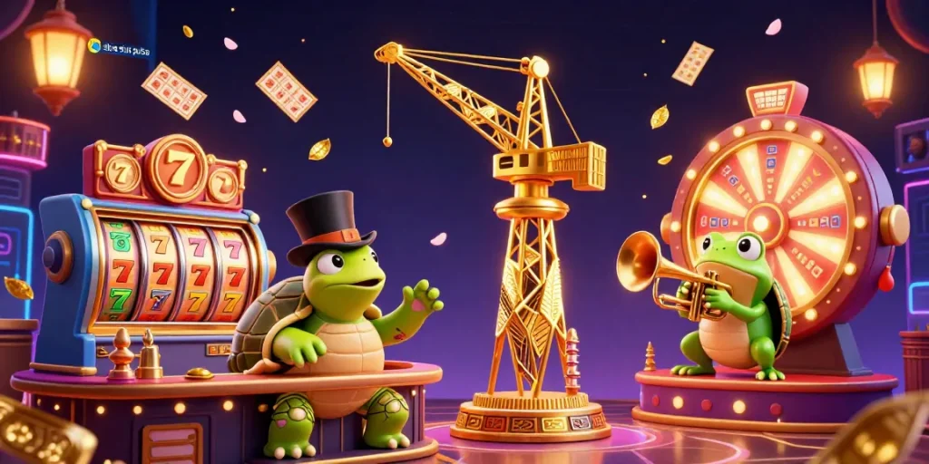 Situs slot pulsa vibrant casino scene with slot reels, jackpot counters, and dynamic characters.