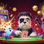 Experience winning thrills at menangclub88 with a vibrant 3D casino illustration of a bulldog dealer and a ghostly mouse.