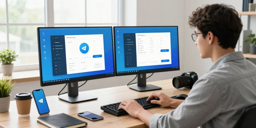 Dynamic workspace showcasing telegram中文版下载 on dual screens, emphasizing tech innovation and productivity.