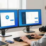 Dynamic workspace showcasing telegram中文版下载 on dual screens, emphasizing tech innovation and productivity.