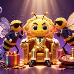 Engaging 90 phut casino illustration featuring bumblebee mob boss and animated gaming elements, perfect for online gambling promotions.
