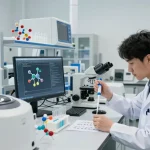 Dedicated researcher in a lab focusing on reta peptide research and peptide sample analysis.