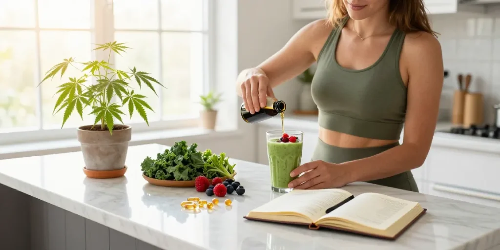 Ministry of Cannabis CBD oil added to smoothie in a sunlit kitchen for natural wellness.
