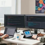 Collaborative tech workspace with programmers reviewing telegram中文版下载 on laptop and monitor.