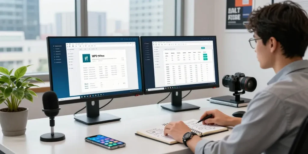 Download WPS Office in a modern workspace with dual monitors and productivity tools.