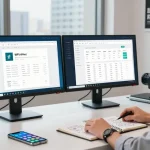 Download WPS Office in a modern workspace with dual monitors and productivity tools.