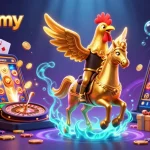 WinboxMY showcases vibrant gaming with a golden rooster in a dynamic casino scene.