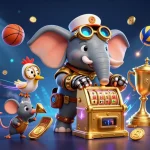 Bet on judi bola with a dynamic 3D illustration of an elephant engineer operating a golden slot machine with sports elements.