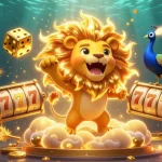 Experience excitement with slot depo 5k as golden dice and a roaring lion create a vibrant casino scene.