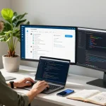 Dynamic workspace showcasing Telegram Download features on monitors amidst a professional tech setting, promoting communication and productivity.