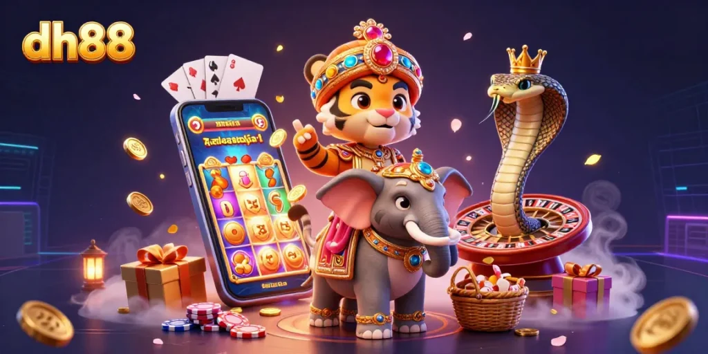 Experience the thrill of dh88 with vibrant slot games and luxury elements in this dynamic scene.