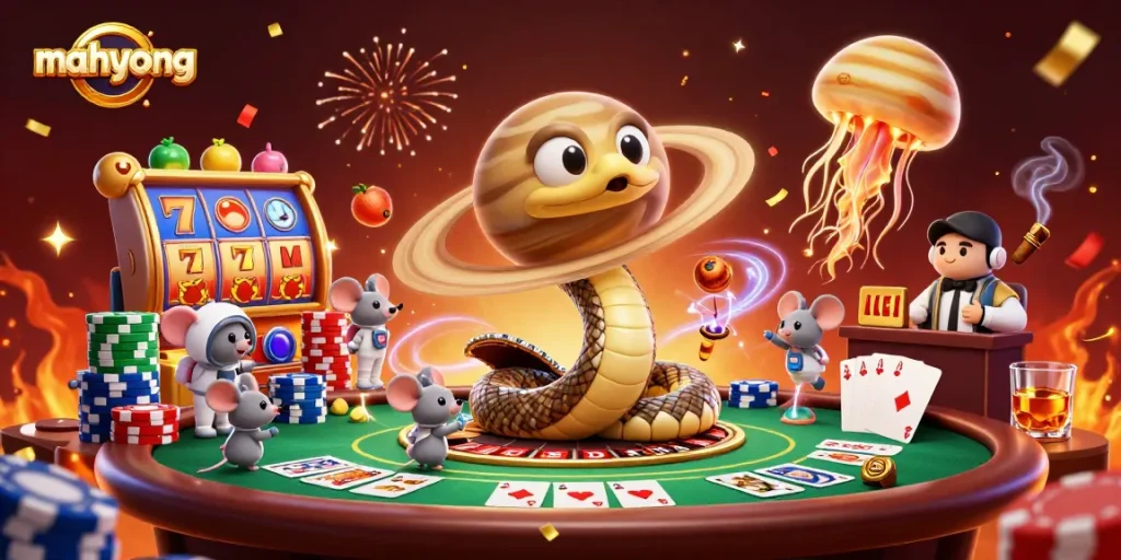 Play mahyong with a 3D Saturn ring snake and cosmic dealer in a vibrant casino scene