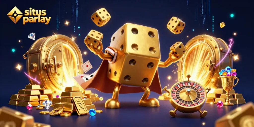 Engage in situs parlay with golden dice golem juggling, vibrant casino elements, and rich rewards.