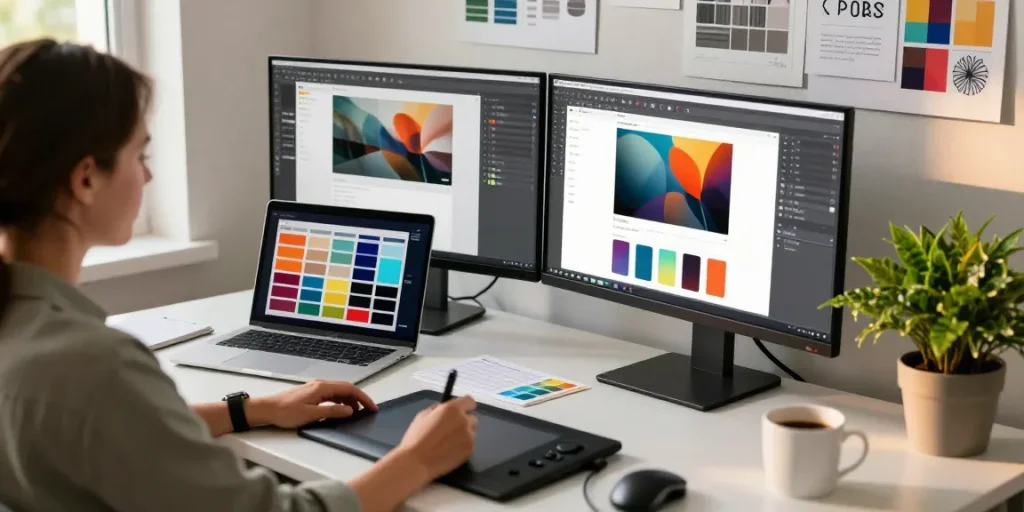 Discover snipaste下载 in action at a creative workspace, featuring dual monitors with vibrant designs and essential design tools.
