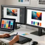 Discover snipaste下载 in action at a creative workspace, featuring dual monitors with vibrant designs and essential design tools.