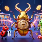 Engage with ombak126 slot gacor through a vibrant scene filled with casino elements and cartoon characters.