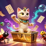 Spin your luck at iwinclub with a captivating scene of a mummy cat and golden elements.