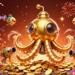 Tải game Sunwin in stunning 3D, showcasing an adventurous scene with a golden kraken and mechanical fish.