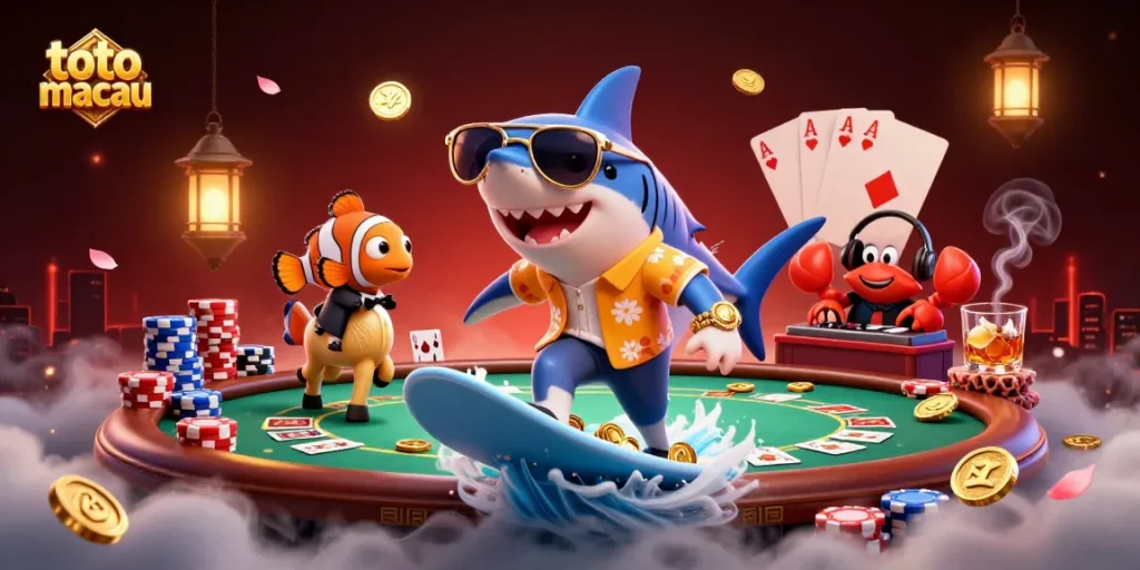 Experience the excitement of toto macau gaming with a comedic 3D scene of sea creatures celebrating.