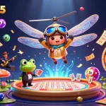 Bet on keonhacai5's thrilling ambiance with the dragonfly pilot overseeing lively casino action and games.