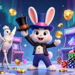 Engage with the Baccarat formula for winning strategies, depicted by a magician rabbit, dove, and monkey in a vibrant casino scene.