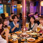 Enjoying a lively night at 상봉동 한국관나이트 bar with friends around a grill.