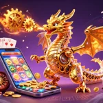 Engage with สล็อตเว็บตรง through vibrant 3D illustration showcasing immersive gaming elements and golden dragon.