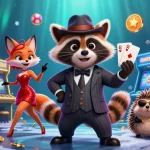 Play at Hoki126 Daftar with a suave raccoon, fox lady, and hedgehog in a lively casino setting.