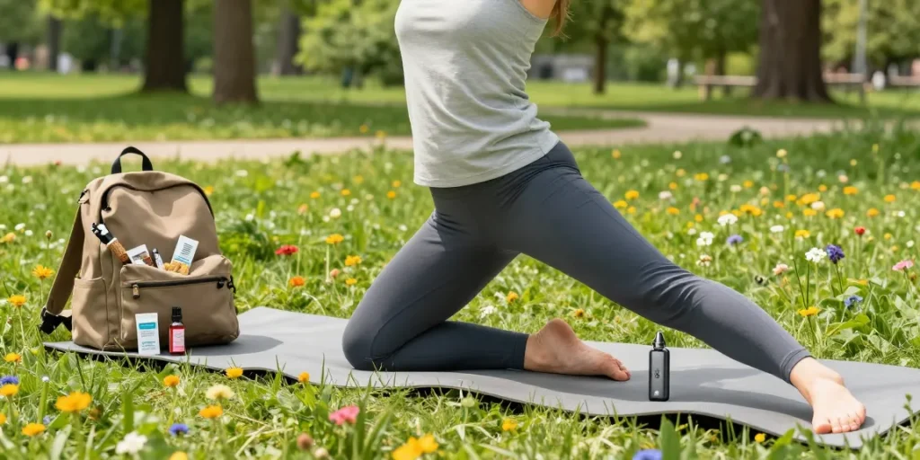 Exploring the benefits of geek THC with natural hemp vapes in a wellness-oriented outdoor yoga session.