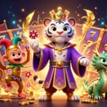 Engage with the vibrant scene of Raja Game featuring a royal tiger, playful monkey, and dynamic slot game elements.