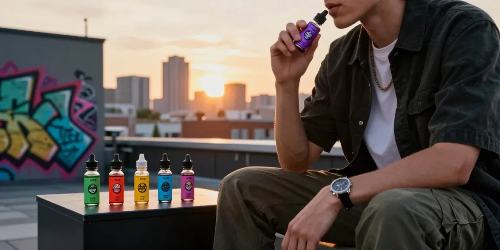 Person enjoying THC vape Jungle Boys e-liquid on a colorful rooftop terrace with city skyline in the background.