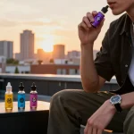 Person enjoying THC vape Jungle Boys e-liquid on a colorful rooftop terrace with city skyline in the background.