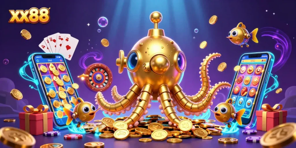 Experience the exciting world of xx88 with the golden kraken navigating through a sea of winnings.