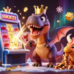 LUCKY77 jackpot scene with T-Rex and friends enjoying casino fun.