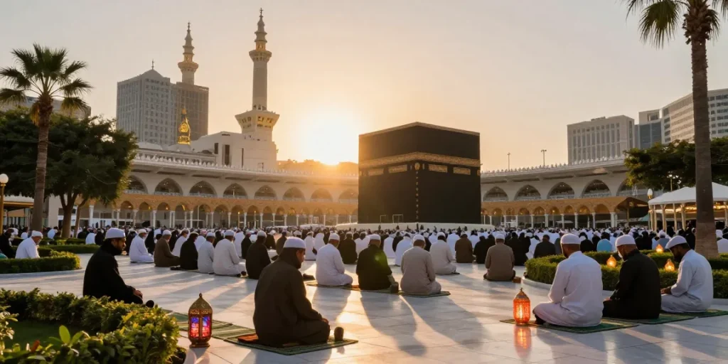 Umroh Full Ramadhan experience at Masjid al-Haram during sunset, travelers connecting spiritually through prayer and iftar, stunning atmosphere, pilgrimage adventure.