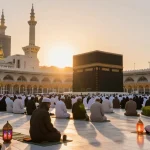 Umroh Full Ramadhan experience at Masjid al-Haram during sunset, travelers connecting spiritually through prayer and iftar, stunning atmosphere, pilgrimage adventure.