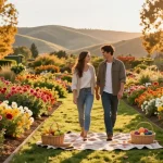 Couple enjoying autumn at Capay Valley Garden, exploring vibrant flowers at https://www.thecapayvalleygardentour.com.