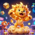 Engage with the bandar togel gaming experience, showcasing a vibrant scene with a sun lion, golden dice, and slot elements.