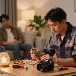 A reliable 24 hour electrician troubleshooting at home, surrounded by tools, reassuring family members with warm lighting.