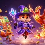 Experience thrilling wins with this magical pragmatic play slot illustration featuring a wizard fox and phoenix.
