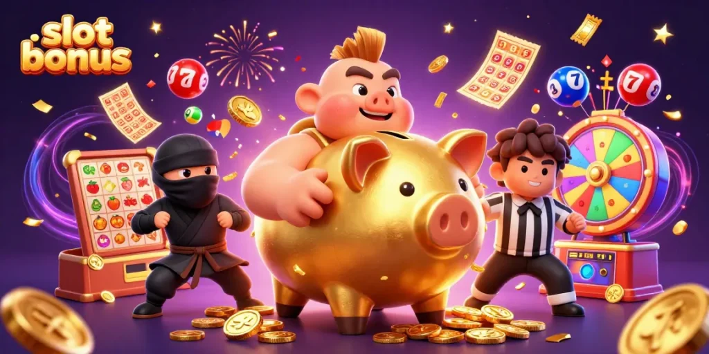 Experience the excitement of a slot bonus with a lively 3D illustration of characters in an energetic casino scene.